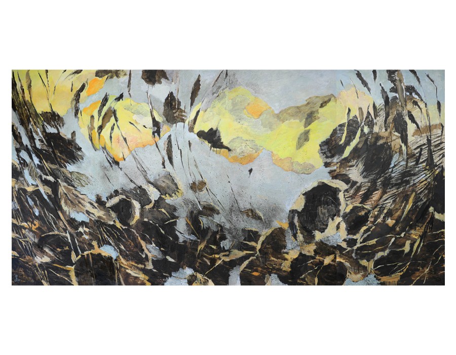 « Flottant I », 2021-2024, huile sur toile, 230 x 460 cm